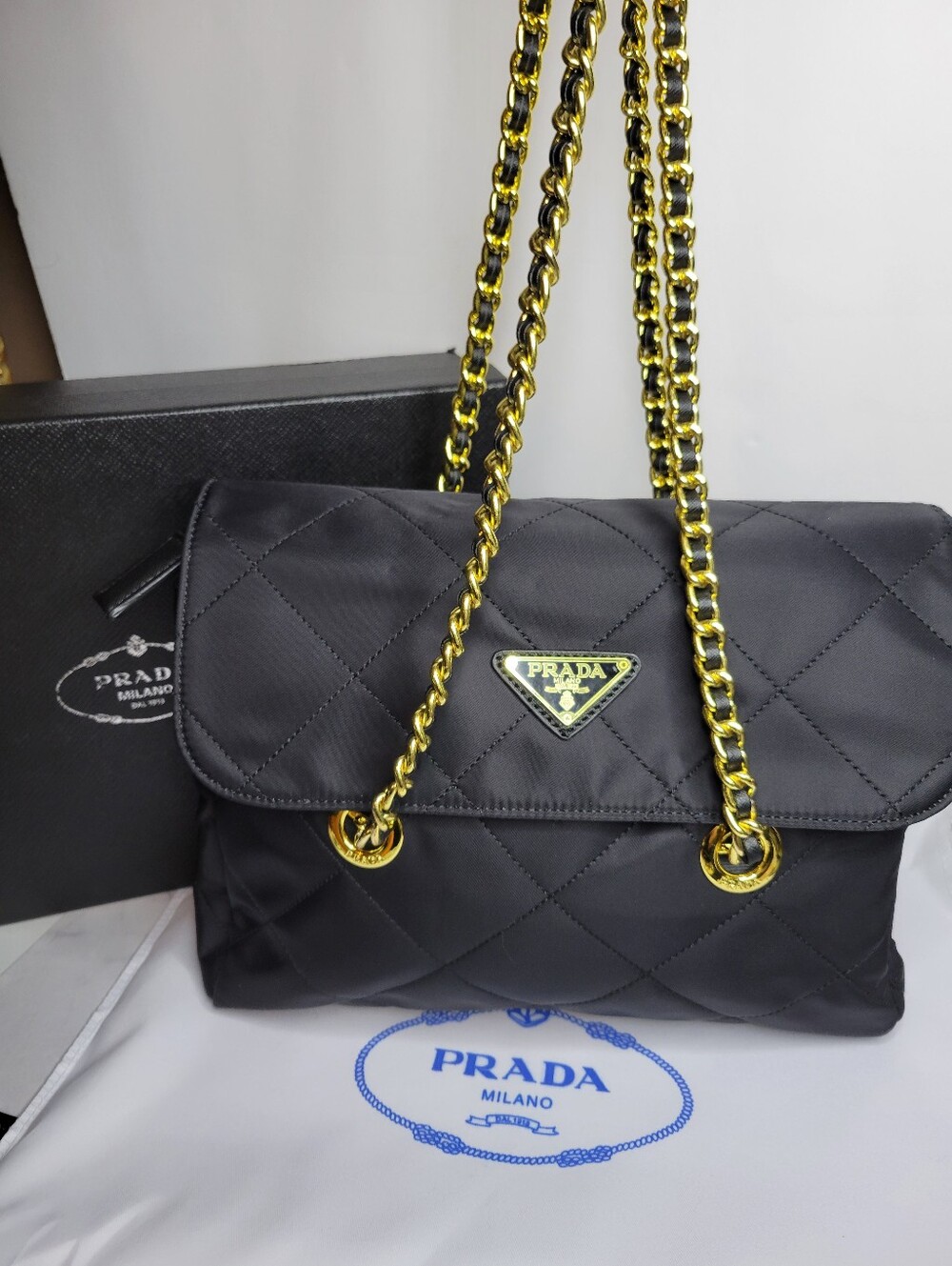 GWP Prada Black Quilted Tessuto Nylon Chain Bag 9"x8", New In Box - Picture 3 of 15
